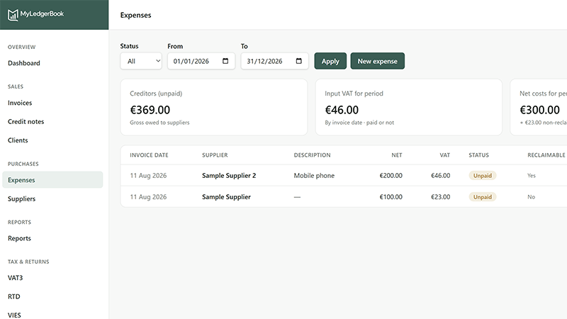 Expenses list showing supplier bills with paid and unpaid status