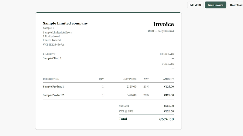 An issued MyLedgerBook invoice with letterhead, line items and VAT totals