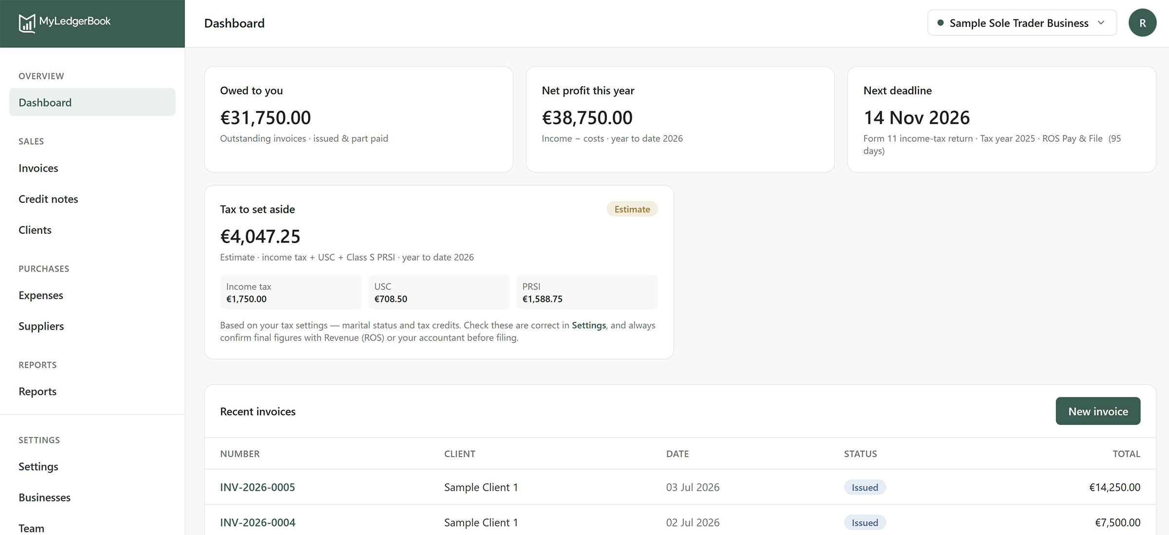 MyLedgerBook dashboard — tax to set aside, VAT due this period, outstanding invoices and next Revenue deadline